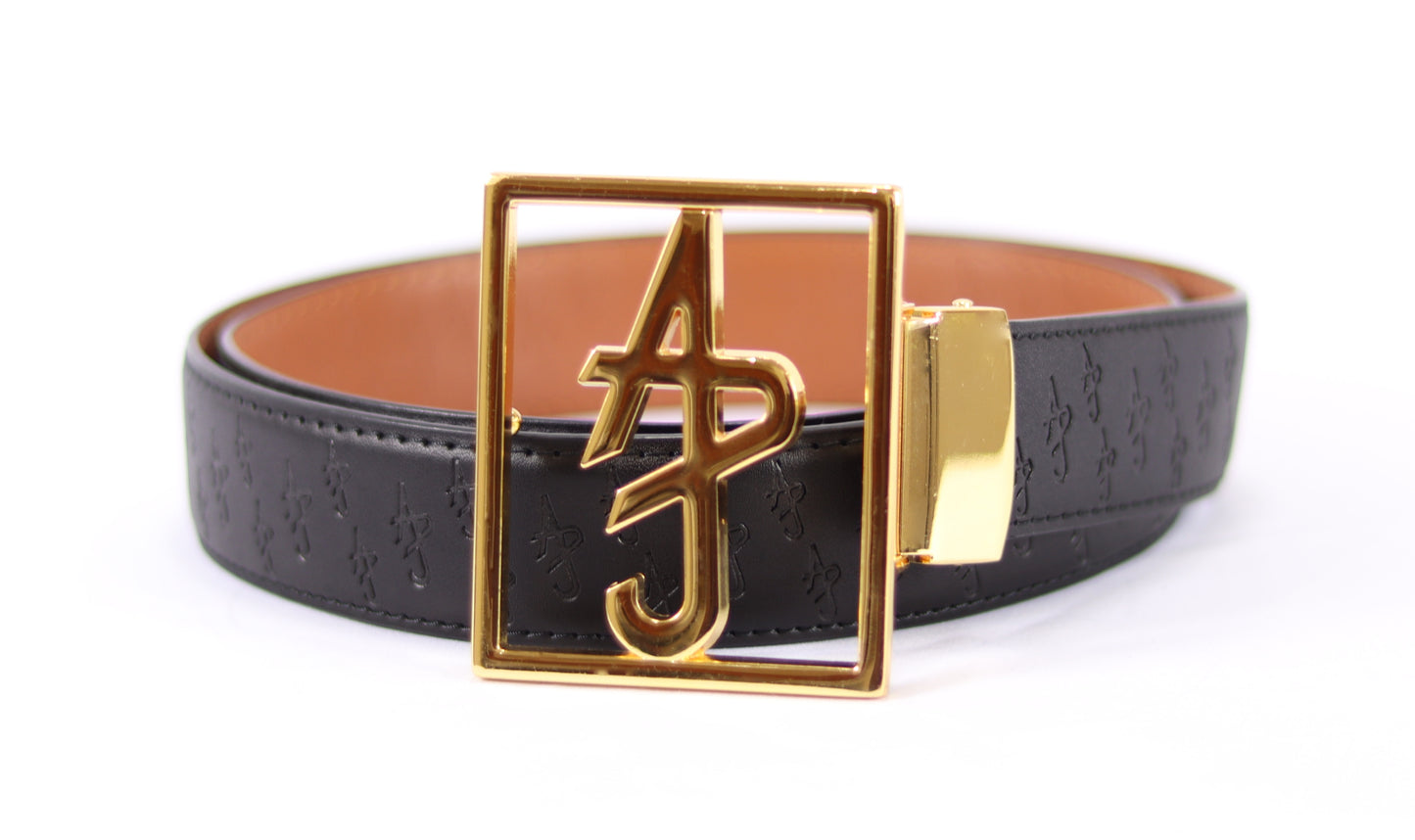 "ADJ" Logo Black/Camel Reversible Leather Belt