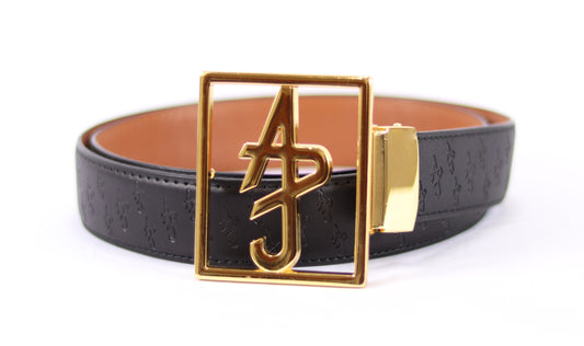 "ADJ" Logo Black/Camel Reversible Leather Belt